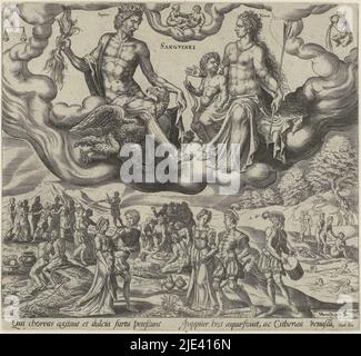 Sanguine Temperament, Harmen Jansz Muller, nach Maarten van Heemskerck, 1566, Jupiter, mit Blitz und Adler, und Venus, mit Pfeil und Amor, sitzen am Himmel und repräsentieren die Planeten des gleichen Namens. Über ihnen befinden sich drei Tierkreiszeichen: Waage, Zwillinge und Wassermann, die zum Element Luft passen. Unter ihnen, auf der Erde, die Menschen, die ein sanguines Temperament haben: Elegante Liebespaare, Baden und Tanzen Menschen im Freien. Am unteren Rand ein lateinischer Text über die Sanguiniker und die entsprechenden Planeten., Druckerei: Harmen Jansz Muller, Maarten van Heemskerck, ( Stockfoto