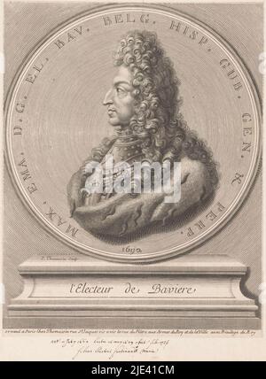 Porträt von Maximilian II. Emanuel, Kurfürst von Bayern und Profil auf einer Medaille, Simon Thomassin, 1690, Druckerei: Simon Thomassin, (auf Objekt erwähnt), Verleger: Simon Thomassin, (auf Objekt erwähnt), Lodewijk XIV (Koning van Frankrijk), (auf Objekt erwähnt), Druckerei: Frankreich, Verlag: Paris, Frankreich, 1690, Papier, Gravur, H 222 mm × B 172 mm Stockfoto