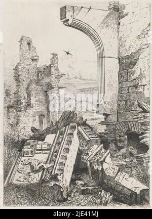 Burgruinen von Bourscheid, Martinus Antonius Kuytenbrouwer jr., 1853, in einer hügeligen Landschaft, fliegt eine Schwalbe über den Ruinen der Burg Bourscheid am Fluss Sûre., Druckerei: Martinus Antonius Kuytenbrouwer jr., (auf Objekt erwähnt), Brüssel, 1853, Papier, Ätzen, Trockenpunkt, H 323 mm × B 234 mm Stockfoto