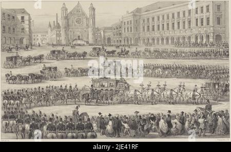 Opening States General, 1864, Hendrik Wilhelmus Last, 1864, Prinsjesdag, Die Eröffnung der Sitzung der Generalstaaten, 19. September 1864. Die Kutsche mit König Wilhelm III. Und den Prinzen in einer langen Prozession, die sich über den Platz zum Ridderzaal schlängelt. In der Bildunterschrift die Legende 1-10., Druckerei: Hendrik Wilhelmus Last, (erwähnt auf Objekt), Drucker: Elias Spanier, (erwähnt auf Objekt), Verlag: B.J. Dona Pieck, (auf Objekt genannt), Druckerei: Niederlande, Druckerei: Den Haag, Verleger: Den Haag, 1864, Papier, H 360 mm × B 550 mm Stockfoto
