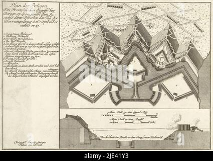 Karte und Querschnitt der Festung Bergen op Zoom, 1747, anonym, 1747, Karte und Querschnitt der Festung Bergen op Zoom, zeigt die von den Franzosen am Tag der Gefangennahme, 16. September 1747, Druckerei: Anonym, Verlag: Weduwe Christoph Weigel, (auf Objekt erwähnt), Druckerei: Deutschland, Herausgeber: Neurenberg, 1747, Papier, Radierung, H 245 mm × B 342 mm Stockfoto