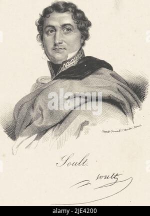 Porträt von Jean-de-Dieu Soult, anonym, 1822 - 1845, die porträtierte Person trägt ein Militärkostüm mit Stehkragen, darüber ein Umhang. Unter dem Porträt sein Name und Unterschrift., Druckerei: Anonym, Drucker: Hilmar Johannes Backer, (auf Objekt erwähnt), Dordrecht, 1822 - 1845, Papier, H 240 mm - B 150 mm Stockfoto