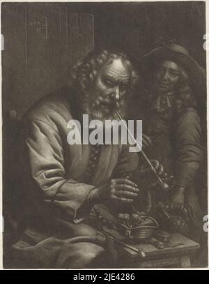 Rauchender alter Mann wärmt die Hände, Wallerant Vaillant, 1658 - 1706, Ein pfeifenrauchender alter Mann wärmt seine Hände auf einem Topf. Schräg hinter ihm steht ein lächelnder Junge mit einem Krug und einem Glas in der Hand., Druckerei: Wallerant Vaillant, (auf Objekt erwähnt), Wallerant Vaillant, (auf Objekt erwähnt), Verleger: Frederik de Wit, (auf Objekt erwähnt), Amsterdam, 1658 - 1706, Papier, H 319 mm × B 246 mm Stockfoto