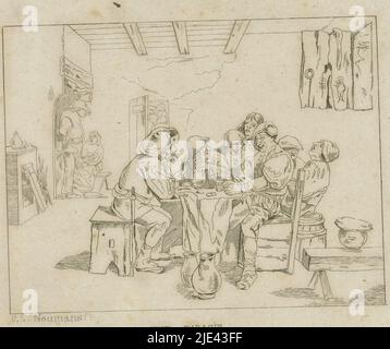 Company in an Inn, P.J. Neumans, 1840 - 1860, um einen Tisch in einem Gasthaus sitzen sieben Männer, die Kautabak benutzen. Im Vordergrund befinden sich zwei Gläser auf dem Boden. Links ein Mann und eine Frau am Kamin., Druckerei: P.J. Neumans, (erwähnt auf Objekt), Belgien, 1840 - 1860, Papier, Ätzung, H 112 mm × B 142 mm Stockfoto