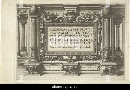 Memorabilivm Novi Testamenti in templo gestorvm icones tredecim elegantissimi ac ornatssimi, Lucas van Doetechum, nach Gerard van Groeningen, c. 1572, architektonischer Titeldruck für eine Serie von 13 Drucken, die Ereignisse des Neuen Testaments um den Tempel darstellen., Druckerei: Lucas van Doetechum, (erwähnt auf Objekt), Gerard van Groeningen, (erwähnt auf Objekt), Verlag: Gerard de Jode, (erwähnt auf Objekt), Antwerpen, c. 1572, Papier, Gravur, Radierung, H 205 mm × B 292 mm Stockfoto