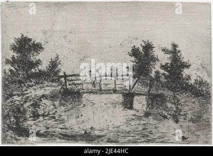 Landschaft mit Fischer auf einer Brücke, Arnoud Schaepkens, 1831 - 1904, Druckerei: Arnoud Schaepkens, 1831 - 1904, Papier, Radierung, Trockenpunkt, H 93 mm × B 136 mm Stockfoto