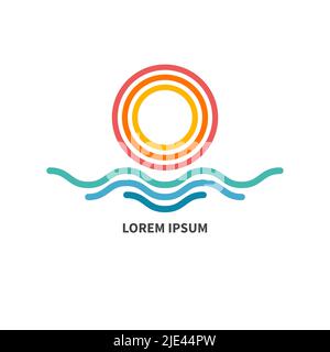 Logo von Sun and Waves, Symbol für sonniges Wetter. Abstraktes Symbol des Sommers, Sonne. Vektorgrafik Stock Vektor