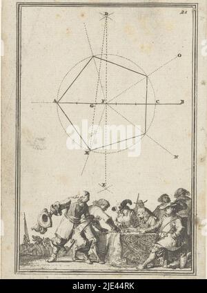 Illustration für 'Den Arbeid van Mars' von Allain Manesson Mallet, Romeyn de Hooghe, 1672, Mathematische Figur (fünfeck). Unten erhalten Soldaten ihren Lohn. In der oberen rechten Ecke die Zahl 21 (= die Nummer der Seite im Buch, gegen die die Abbildung platziert ist)., Druckerei: Romeyn de Hooghe, Romeyn de Hooghe, Amsterdam, 1672, Papier, Ätzung, H 186 mm × B 109 mm Stockfoto