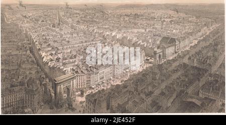 Blick auf das fünfte Pariser Arrondissement, Louis Jules Arnout, nach Nicolas Marie Joseph Chapuy, 1850, Blick von der Kirche Notre-Dame-de-Bonne-Nouvelle. Die gezeigten Straßen und Gebäude sind unterhalb des Bildes angegeben., Druckerei: Louis Jules Arnout, (auf Objekt erwähnt), Zeichner: Nicolas Marie Joseph Chapuy, (auf Objekt erwähnt), Drucker: Joseph Rose Lemercier, (auf Objekt erwähnt), Paris, 1850, Papier, H 395 mm × B 522 mm Stockfoto