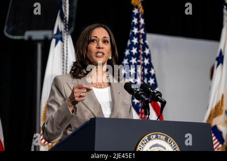 Plainfield, Illinois. 24.. Juni 2022. Die Vizepräsidentin der Vereinigten Staaten, Kamala Harris, spricht vor dem C.W. Avery Family YMCA am Freitag, 24. Juni 2022 in Plainfield, Illinois. Quelle: Christopher Dilts/ Pool via CNP/dpa/Alamy Live News Stockfoto