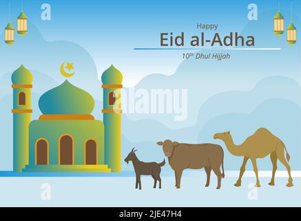 Eine Sammlung islamischer Ornamente, um Eid al-Adha zu feiern, wie Moscheen und Tiere, die geopfert werden, wie Kamele, Ziegen und Kühe Stock Vektor