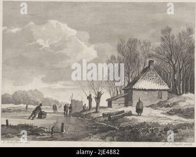 Winterlandschaft mit Bauernhaus, Dirk Jurriaan Sluyter, nach Andreas Schelfhout, 1826 - 1886, Geht Eine Frau am Ufer eines gefrorenen Flusses zu einem Bauernhaus. Auf dem Eis ein Mann mit einem Schubschlitten und Schlittschuhlaufen. Im Hintergrund ein Koek- und Zopie-Stall., Druckerei: Dirk Jurriaan Sluyter, (auf Objekt erwähnt), Zeichner: Andreas Schelfhout, (auf Objekt erwähnt), Amsterdam, 1826 - 1886, Papier, Ätzung, H 107 mm, B 169 mm Stockfoto