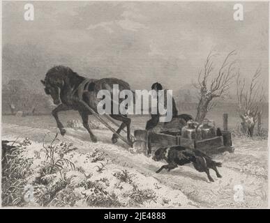 Pferdeschlitten, Dirk Jurriaan Sluyter, nach Ferdinand Ernst Lintz, 1826 - 1886, Winterlandschaft mit einem Mann im Pferdeschlitten. Im Schlitten befinden sich zwei große Krüge. Ein Hund läuft hinter dem Schlitten., Druckerei: Dirk Jurriaan Sluyter, (signiert vom Künstler), Ferdinand Ernst Lintz, (erwähnt auf Objekt), Amsterdam, 1826 - 1886, Papier, Radierung, H 124 mm × B 148 mm Stockfoto