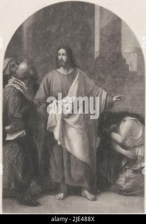 Christus und die Ehebrecherin, Dirk Jurriaan Sluyter, 1826 - 1886, Bild der biblischen Geschichte von Christus und der Ehebrecherin (Johannes 8:2-11). Christus hält seine Hand schützend über den Kopf der neben ihm knieenden Frau. Er sieht einen Mann auf seiner anderen Seite an, einen Rechtsgelehrten mit Schriftrolle in der Hand., Druckerei: Dirk Jurriaan Sluyter, (signiert vom Künstler), Amsterdam, 1826 - 1886, Papier, Ätzung, H 212 mm × B 154 mm Stockfoto