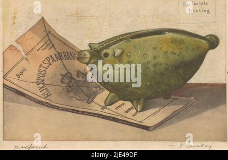 Die letzte Partie, Frans Everbag, 1915, Ein Sparschwein in Form eines Schweins, das auf Papieren der Rijkspostspaarbank steht. Das Logo der Bank ist durchgestrichen., Druckerei: Frans Everbag, (vom Künstler signiert), 1915, Papier, Radierung, H 139 mm × B 176 mm Stockfoto