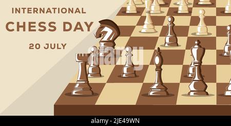 Internationaler Schachtag mit einem Schachbretttisch und Schachfiguren Stock Vektor
