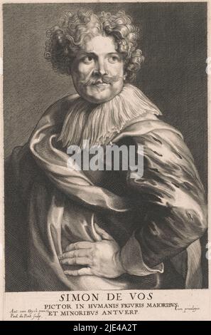 Porträt des Malers Simon de Vos, Paulus Pontius, nach Anthony van Dyck, 1616 - 1657, Druckerei: Paulus Pontius, (auf Objekt erwähnt), nach: Anthony van Dyck, (auf Objekt erwähnt), unbekannt, (auf Objekt erwähnt), Antwerpen, 1616 - 1657, Papier, Gravur, H 238 mm × B 155 mm Stockfoto