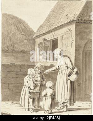 Die Bäuerin schickt ihre Kinder zur Schule, Christina Chalon, 1758 - 1808, Eine Bäuerin und drei Kinder vor einem Bauernhaus. Die Bäuerin hält einen Korb in der Hand. Sie zeigt auf eines der Kinder. Alle Kinder haben eine Schultasche in den Händen., Druckerei: Christina Chalon, (auf Objekt erwähnt), Christina Chalon, Leiden, 1758 - 1808, Papier, Pinsel, Radierung, H 143 mm × B 109 mm Stockfoto