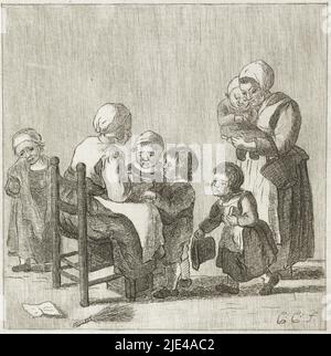 Schulklasse, Pieter de Mare, nach Christina Chalon, 1777 - 1779, Eine Kinderschule. Ein Lehrer sitzt auf einem Stuhl und lehrt Kinder aus einem Buch. Rechts kommt eine Mutter, um ihre Tochter zu holen. Links weint ein Mädchen. Unter dem Lehrerstuhl befindet sich eine Rute., Druckerei: Pieter de Mare, Zeichnerin: Christina Chalon, (auf Objekt erwähnt), Leiden, 1777 - 1779, Papier, Ätzung, B 109 mm × H 114 mm Stockfoto