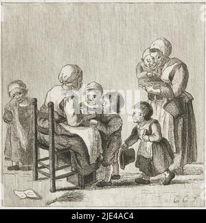 Schulklasse, Pieter de Mare, nach Christina Chalon, 1777 - 1779, Eine Kinderschule. Ein Lehrer sitzt auf einem Stuhl und lehrt Kinder aus einem Buch. Rechts kommt eine Mutter, um ihre Tochter zu holen. Links weint ein Mädchen. Unter dem Lehrerstuhl befindet sich eine Rute., Druckerei: Pieter de Mare, Zeichnerin: Christina Chalon, (auf Objekt erwähnt), Leiden, 1777 - 1779, Papier, Ätzung, B 109 mm × H 113 mm Stockfoto
