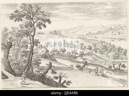 Landschaft mit Kornfeld, Adriaen Collaert, nach Jacob Grimmer, 1578 - 1618, Landschaft ein Kornfeld und ein Bauernhof. In der Ferne ein Dorf. Der Druck ist Teil einer zwölfteiligen Serie mit Landschaften rund um Antwerpen., Druckerei: Adriaen Collaert, Jacob Grimmer, Verlag: Claes Jansz. Visscher (II), Druckerei: Antwerpen, Antwerpen, Verlag: Amsterdam, 1578 - 1618, Papier, Gravur, H 126 mm × B 184 mm Stockfoto