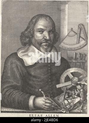 Porträt von Elias Allen, Wenceslaus Hollar, nach Hendrik van der Borcht (II), 1666, Porträt des englischen Instrumentenbauers Elias Allen, mit seinen Instrumenten., Druckerei: Wenceslaus Hollar, (auf Objekt erwähnt), nach: Hendrik van der Borcht (II), (auf Objekt erwähnt), 1666, Papier, Radierung, H 256 mm × B 175 mm Stockfoto