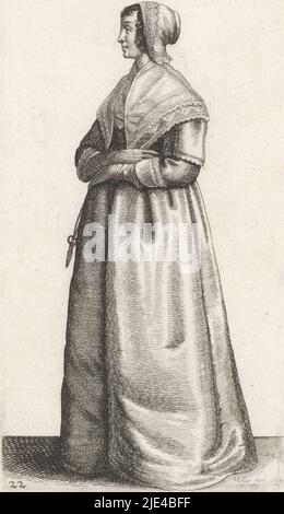 Engländerin mit Schere am Gürtel, Wenceslaus Hollar, 1640, stehende Frau, links, Mit dunklem lockigen Haar auf der Stirn und auf beiden Seiten des Gesichts, über dem sich eine gefaltete Kappe befindet, die von einer Kappe mit umgedrehter Kante aus geschwungene Spitze bedeckt ist. Gekleidet in ein Kleid bestehend aus einem kurzen Mieder mit niedrigem geraden Ausschnitt, hoher Taille, halblangen geraden Ärmeln und 7/8 unteren Ärmeln, auf einem langen, geräumigen Rock leicht auf dem Boden ziehen. Im Ausschnitt ein mit einem schmalen Streifen (Spitze?) getrimmtes Halstuch, über dem ein doppelt gefaltetes Halstuch mit einem schmalen Streifen aus Muschelspitze verziert ist. Dies Stockfoto