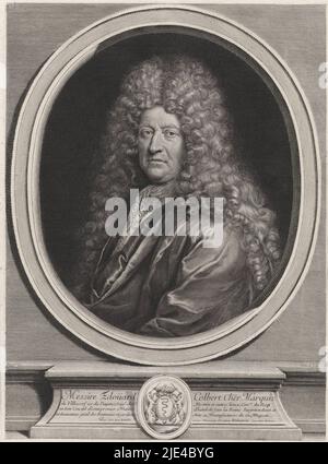 Porträt von Edouard Colbert de Villacerf, Gerard Edelinck, nach Pierre Mignard (1612-1695), 1666 - 1707, Porträt von Edouard Colbert, Marquis von Villecerf, auf der Halbseite in einem ovalen Rahmen dargestellt. Unter dem Rahmen eine Konsole, auf der sich ein Wappen mit zwei Einhörnern und auf beiden Seiten des Wappens vier Zeilen Text in französischer Sprache befinden., Druckerei: Gerard Edelinck, (auf Objekt erwähnt), nach: Pierre Mignard (1612-1695), (erwähnt auf Objekt), Lodewijk XIV (koning van Frankrijk), (erwähnt auf Objekt), Druckerei: Paris, nach: Paris, Frankreich, 1666 - 1707, Papier, Gravur, H 493 mm × B Stockfoto