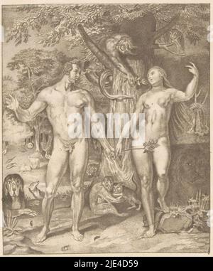 Der Fall, anonym, nach Cornelis Cornelisz. Van Haarlem, 1809 - 1899, Dadam und Eva stehen vor dem Baum des Wissens. Eine Schlange bietet Eva einen Apfel an. Alle Arten von Tieren umgeben die Figuren. Im Hintergrund links werden Adam und Eva von Gott gewarnt, nicht vom Baum zu essen., Druckerei: Anonym, nach: Cornelis Cornelisz. Van Haarlem, Niederlande, 1809 - 1899, Papier, H 370 mm - B 270 mm Stockfoto