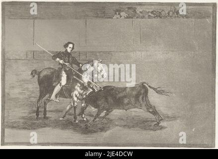 Pajuelera in der Stierkampfarena von Zaragosa, Francisco de Goya, 1811 - 1816, sticht der Picador (Pricker) Pajuelera zu Pferd eine Lanze in den Stier. Neben dem Pferd ist ein Mann. Auf dem Stand einige Zuschauer., Druckerei: Francisco de Goya, Francisco de Goya, Spanien, 1811 - 1816, Papier, Ätzen, Trockenpunkt, H 250 mm × B 350 mm Stockfoto