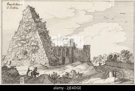 Pyramide von Gaius Cestius, Claes Jansz. Visscher (II), nach Willem van Nieulandt (II), 1618, Blick auf die Pyramide des Gaius Cestius in Rom, mit einem Mann auf einem Esel und einem Wanderer im Vordergrund., Druckerei: Claes Jansz. Visscher (II), Willem van Nieulandt (II), Herausgeber: Claes Jansz. Visscher (II), Amsterdam, 1618, Papier, Radierung, H 99 mm × B 157 mm Stockfoto