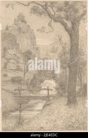 Berglandschaft mit Wasserfall und Brücke, Simon Moulijn, 1901, im Hintergrund links ein Kirchturm. Rechts ist ein Baum neben dem Wasser., Druckerei: Simon Moulijn, (erwähnt auf Objekt), 1901, Papier, H 148 mm - B 104 mm Stockfoto