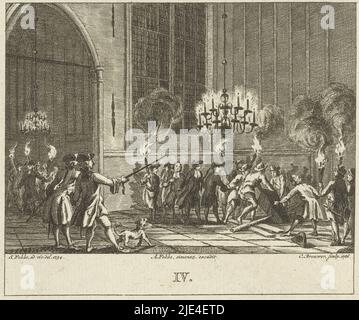 Beerdigung von Daniël Raap bei Nacht in Oude Kerk in Amsterdam 1754, Cornelis Brouwer, nach Simon Fokke, 1786, Beerdigung von Daniël Raap in Oude Kerk in Amsterdam bei Nacht 1754. Männer senken den Sarg mit Seilen eilig in den Boden, während das Innere der Kirche von einem Kronleuchter und den brennenden Fackeln der Anwesenden beleuchtet wird., Druckerei: Cornelis Brouwer, (auf Objekt erwähnt), Zeichner: Simon Fokke, (auf Objekt erwähnt), Herausgeber: Arend Fokke Simonsz., (erwähnt auf Objekt), Niederlande, 1786, Papier, Ätzung, H 98 mm × B 114 mm Stockfoto