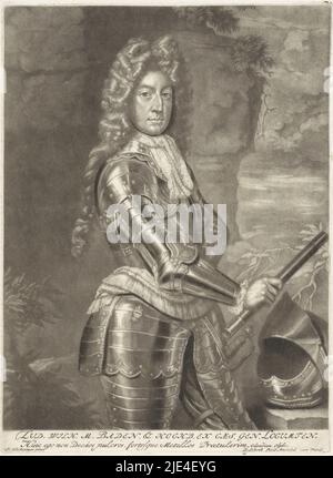 Porträt von Ludwig Wilhelm von Baden, Pieter Schenk (I), nach John Closterman, 1670 - 1713, Generalleutnant Ludwig Wilhelm, Markgraf von Baden. Er trägt eine Rüstung und eine lange Lockenperücke., Druckerei: Pieter Schenk (I), (auf Objekt erwähnt), nach: John Closterman, (auf Objekt erwähnt), Verlag: Pieter Schenk (I), (auf Objekt erwähnt), Amsterdam, 1670 - 1713, Papier, Gravur, H 242 mm × B 178 mm Stockfoto