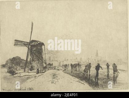 Ansicht von Maassluis, Johan Barthold Jongkind, 1862, Wasserableiter auf dem Eis eines Kanals, auf dem eine Mühle steht. In der Ferne das Profil einer Stadt (Maassluis)., Druckerei: Johan Barthold Jongkind, (auf Objekt erwähnt), Drucker: Frederick Goulding, (möglicherweise), Druckerei: Paris, Drucker: London, 1862, Papier, Radierung, H 238 mm × B 325 mm Stockfoto