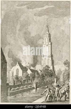 Explosion in der Kirche von Amersfoort, 1787, Reinier Vinkeles (I), nach Jacobus kauft, 1787 - 1795, Explosion und Feuer von Schießpulver in der Lieve-Vrouwekapel in Amersfoort, 2. August 1787. Die Kirche ist zerstört, nur der Turm, der Onze-Lieve-Vrouwetoren oder lange Jan, steht., Druckerei: Reinier Vinkeles (I), Druckerei: Cornelis Bogerts, Zeichner: Jacobus Buys, Nordniederland, 1787 - 1795, Papier, Radierung, Gravur, H 153 mm - B 112 mm Stockfoto