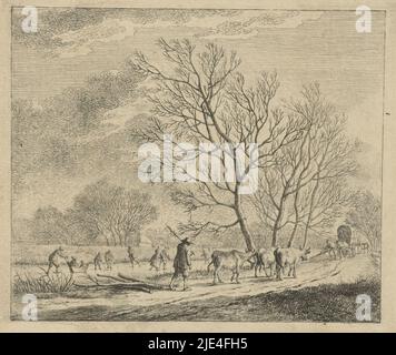 Winterlandschaft mit Kühen und Skater, Johannes Janson, 1783, Winterlandschaft mit Hirte mit drei Kühen auf einem Weg, von hinten gesehen. Ein Planwagen nähert sich ihnen. Links, Skater auf einem gefrorenen Fluss. Mehr bearbeitet im Vergleich zum vorherigen Status. Dreizehnter Druck in einer Serie von dreizehn mit Monaten., Druckerei: Johannes Janson, Johannes Janson, Leiden, 1783, Papier, Ätzung, H 143 mm × B 169 mm Stockfoto