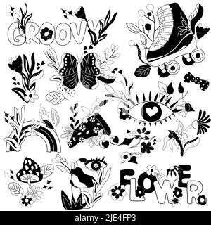Groovy Retro schwarz-weiß Elemente 70s, Roller Skate, Pizza, Blumen und Pilze, Schmetterling und verlassen und andere. Schwarz-weißer Vintage-Hippie-Style. Vektorgrafik. Stock Vektor