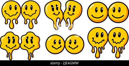 Schmelzendes Lächeln im Vintage-Stil. Retro Psychedelic Melt Smile Face Logo. Tropfendes Lächeln. Gut gelaunt. Positiver Emoji-Aufkleber. Vector groovy Emoji Gesicht. Gesichtssymbol. Stock Vektor