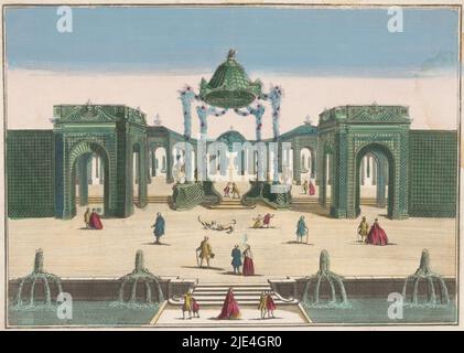 Ansicht der Pergola und Brunnen eines Gartens des Königs von Dänemark, Familie Remondini (zugeschrieben), 1700 - 1799, nummeriert unten links: DD 3., Verlag: familie Remondini, (zugeschrieben), Druckerei: Anonym, Verlag: Bassano del Grappa, Druckerei: Italien, 1700 - 1799, Papier, Radierung, Bürste, H 319 mm × B 424 mm Stockfoto