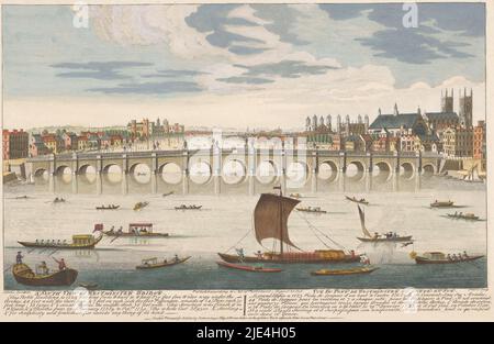 Ansicht der Westminster Bridge über der Themse in London, von der Nordseite aus gesehen, Robert Sayer, 1751, im Hintergrund rechts Westminster Abbey. Im unteren Rand fünf Zeilen englischen und sechs Zeilen französischen Textes., Herausgeber: Robert Sayer, (erwähnt auf Objekt), Druckerei: Fabr. Parr, (erwähnt auf Objekt), Herausgeber: London, Druckerei: England, 20-Aug-1751, Papier, Ätzen, Pinsel, H 261 mm × B 402 mm Stockfoto