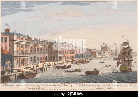 Ansicht des Custom House an der Themse in London, Robert Sayer, nach Jacob Maurer, 1753, im Hintergrund The Tower of London., Verlag: Robert Sayer, (auf Objekt erwähnt), Verlag: Henry Overton (II), (auf Objekt erwähnt), Verlag: Thomas Bowles (II), (auf Objekt erwähnt), London, 1753, Papier, Ätzen, Pinsel, H 263 mm × B 401 mm Stockfoto