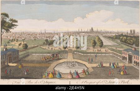 Blick auf den Saint James's Park in London vom Buckingham House aus gesehen, Robert Sayer, nach Jacques Rigaud, 1752, in der Mitte die Mall und rechts der Kanal. Im Hintergrund Saint Paul's Cathedral und Westminster Abbey., Herausgeber: Robert Sayer, (auf Objekt erwähnt), Herausgeber: Henry Overton (II), (auf Objekt erwähnt), Druckerei: St. Torres, (auf Objekt erwähnt), London, 1752, Papier, Ätzen, Pinsel, H 251 mm × B 413 mm Stockfoto