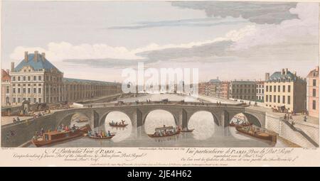 Blick auf die Pont Royal über die seine in Paris, in Richtung Pont Neuf, Robert Sayer, nach Jacques Rigaud, 1749, links der Palais des Tuileries., Herausgeber: Robert Sayer, (auf Objekt erwähnt), Herausgeber: P. Brookes, (auf Objekt erwähnt), Druckerei: Remigius Parr, (auf Objekt genannt), Verlag: London, Verlag: London, Druckerei: England, Apr-1749, Papier, Radierung, Pinsel, H 248 mm × B 479 mm Stockfoto