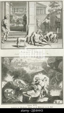 Lazarus und der Reiche und der Reiche in der Hölle sehen Abraham mit Lazarus, Jacob Folkema, 1791, zwei biblische Darstellungen aus Lukas 16. Der reiche Mann hält ein Fest, während der arme Lazarus vor der Tür bettelt, und der reiche Mann in der Hölle sieht Abraham mit Lazarus. Zwei Darstellungen einer Platte, jeweils mit dem Titel auf Niederländisch und Französisch. Unten rechts nummeriert: 22., Druckerei: Jacob Folkema, (auf Objekt erwähnt), Verlag: Johannes de Groot (II), Verlag: Abraham Blussé & Zoon, Verlag: Amsterdam, Verlag: Dordrecht, 1791, Papier, Ätzung, H 321 mm × B 188 mm Stockfoto