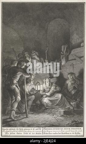 Anbetung der Hirten, Gilliam van der Gouwen, nach A. Houbraken, 1728, finden die Hirten Maria und Joseph in einem Stall. Sie knien vor dem Christkind (Lukas 2:16). Der Druck hat eine griechische, lateinische, französische, englische, deutsche und niederländische Bildunterschrift., Druckerei: Gilliam van der Gouwen, (auf Objekt erwähnt), Zeichner: A. Houbraken, (auf Objekt erwähnt), Verleger: Pieter de Hondt, Druckerei: Amsterdam, Verleger: Den Haag, 1728, Papier, Gravur, Radierung, B 222 mm × H 355 mm Stockfoto