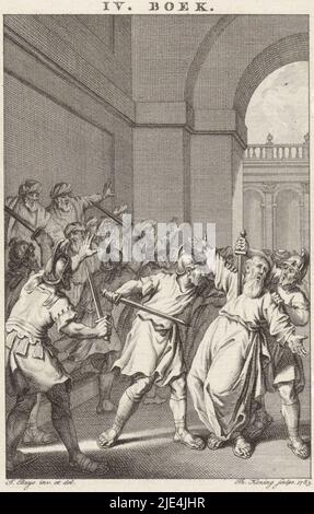 Mord an Zacharias, Theodoor King, nach Jacobus Buys, 1783, wird der Hohepriester Zacharias von Jerusalem im Tempel von einer Gruppe von Soldaten ermordet. Während einer der Soldaten ein Schwert durch das Herz von Zacharias sticht, hebt der Hohepriester seine Hände in den Himmel. Dieser Druck ist eine Illustration für das neunzehnte Kapitel des vierten Buches von „All the Works of Flavius Josephus.“, Druckerei: Theodoor Koning, (erwähnt auf Objekt), Jacobus Buys, (erwähnt auf Objekt), Amsterdam, 1783, Papier, Gravur, H 254 mm × B 161 mm Stockfoto