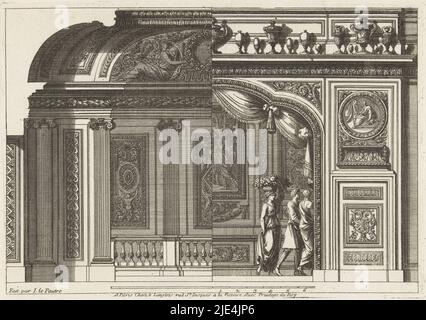 Nische mit Variante für die rechte Hälfte, Jean Lepautre, 1678, Nische mit ionischen Pilastern an der linken Wand, geschlossen durch eine Balustrade. Die rechte Seite ist eine Variante mit einer Tür mit dessus-de-porte mit Figur in Medaillon. Blatt 5 aus einer Serie von 6 Blättern., Druckerei: Jean Lepautre, (auf Objekt erwähnt), Jean Lepautre, Verlag: Nicolas Langlois (I), (auf Objekt erwähnt), Druckerei: Frankreich, (möglicherweise), Frankreich, (Möglicherweise), Verlag: Paris, 1678, Papier, Radierung, H 146 mm × B 208 mm Stockfoto