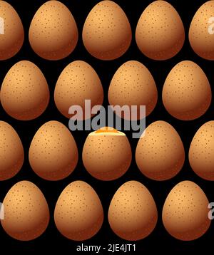 Hühnereier braun mit Flecken, symmetrisch angeordnet. Ein Ei wird darauf geschält. Nahtloses Muster auf schwarzem Hintergrund Stock Vektor