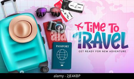Reise Zeit Vektor Hintergrund Design. Time to travel Text in rosa Hintergrund mit Gepäcktasche, Reisepass und Ticket Reisen Elemente für Spaß. Stock Vektor